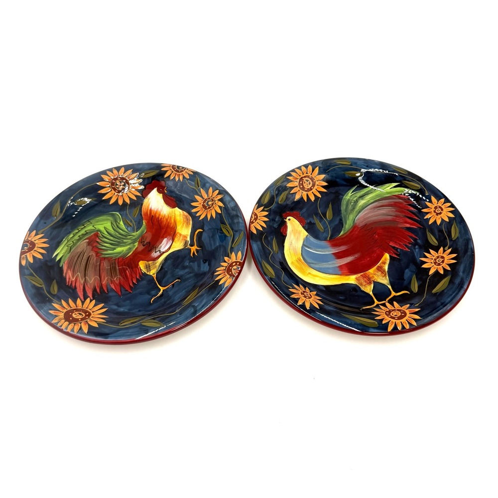 Certified International Rooster Dinner Plates 10.5" Blue Set of 2 Susan Winget